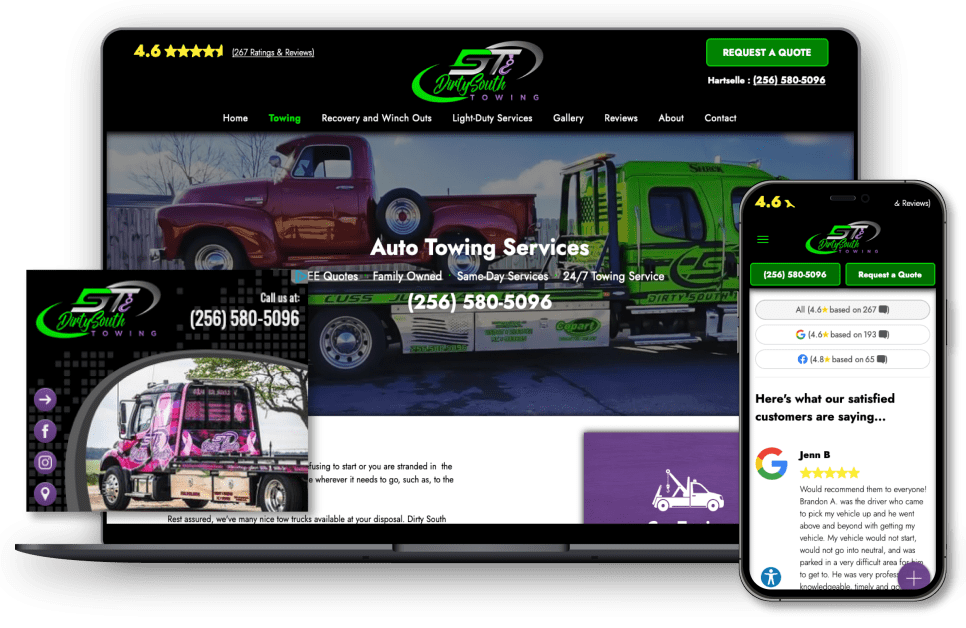Hibu website, social media ad and star reviews for auto towing services client