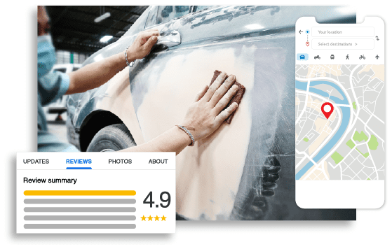 Hibu's auto body client with Google reviews and map images
