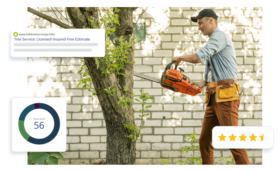 Tree Service Contractor chainsawing a tree. 5 Star Review, Leads Graphic, Search Results