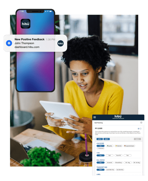 Hibu Dashboard on mobile.  Text Alert. Hibu lead scoring dashboard