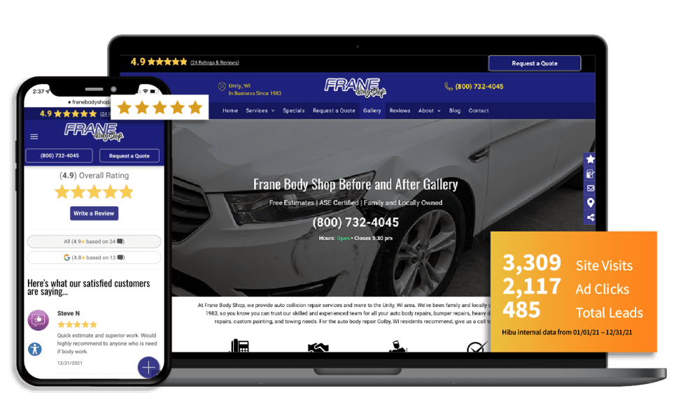 Hibu's automotive website and digital marketing results displayed on multiple devices