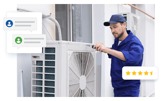 HVAC professional repairing air conditioner - 5 Star review and text message graphics