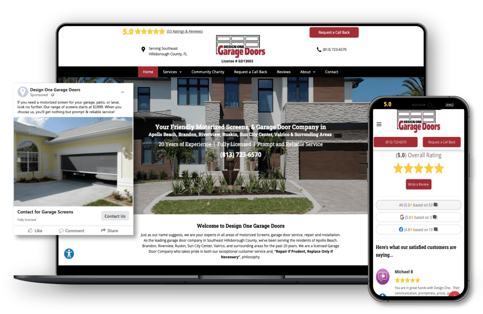 Hibu website, social media ad and star reviews for garage door services client