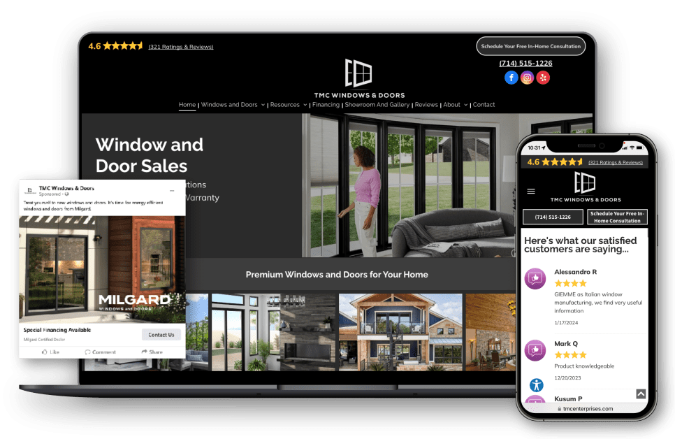 Hibu website, social media ad and star reviews for home improvement supply client