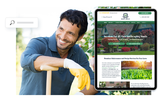 Landscaper resting arm on garden tool. Landscaper website on tablet, search graphic