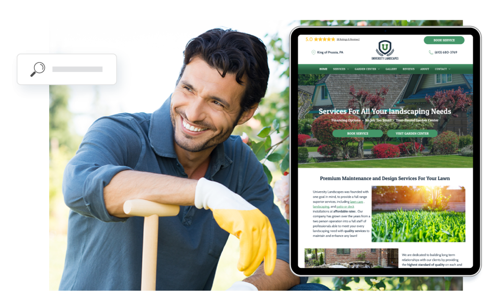 Landscaper resting arm on garden tool. Landscaper website on tablet, search graphic