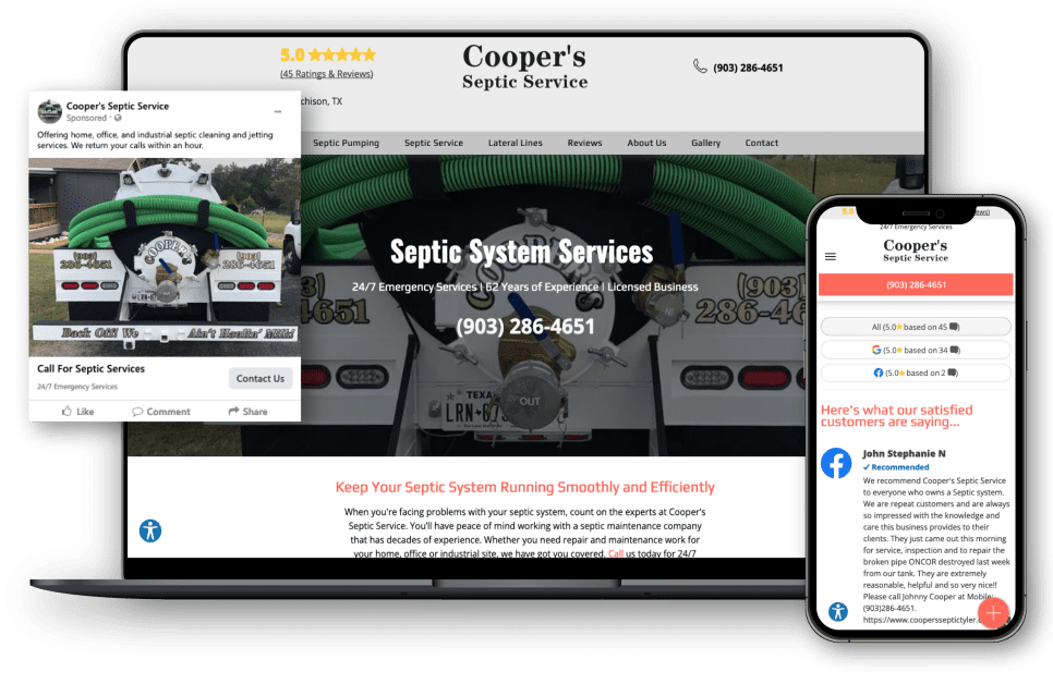 Hibu website, social media ad and star reviews for septic and sewer services client