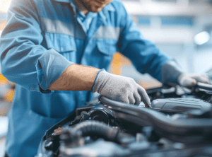 A mechanic repairing an engine