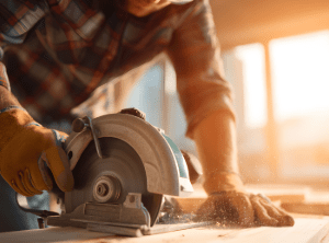 A contractor using a circular saw to cut a a piece of wood