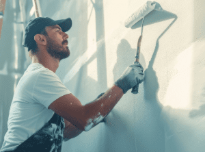 Painter painting a wall white with paint roller