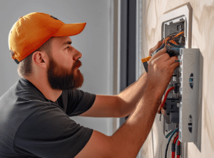 Expert Electrician Installing Wiring in Modern Apartment
