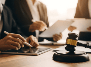 Lawyers looking over documents, gavel on table