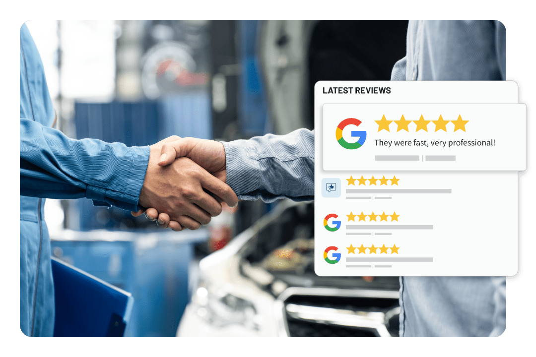 Auto technician shaking hands with customer - 5 star Google review overlay reading they were fast, very professional