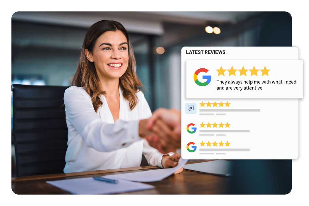 client shaking hands with insurance agent with Google review graphic