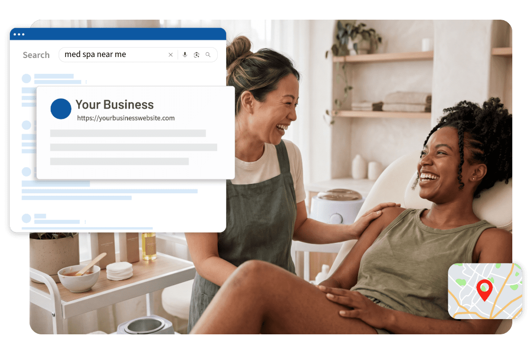 Woman talks to client during waxing session in beauty salon  - Search results that reads "med spa near me" and map with red pin