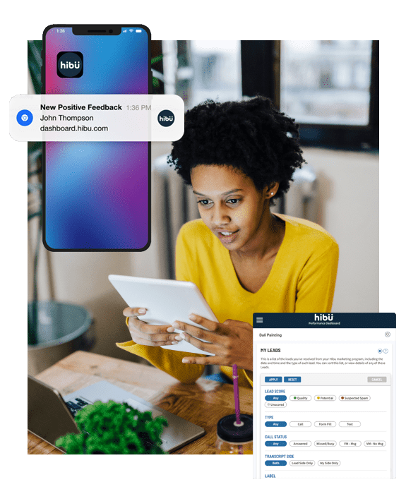 Hibu Dashboard on mobile.  Text Alert. Hibu lead scoring dashboard