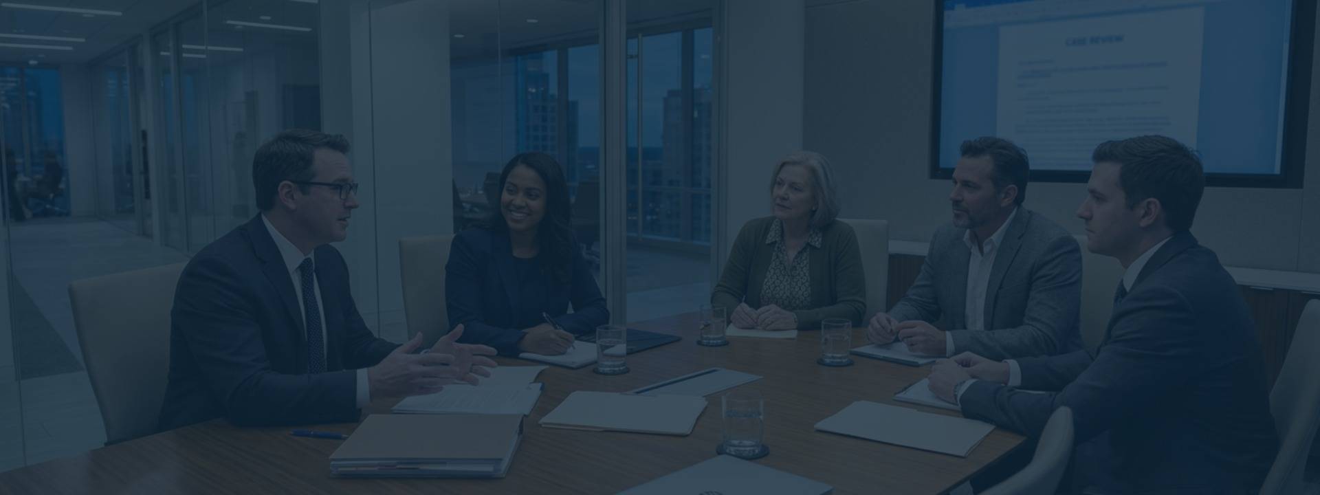 Attorneys sitting in a conference room meeting with clients discussing a case