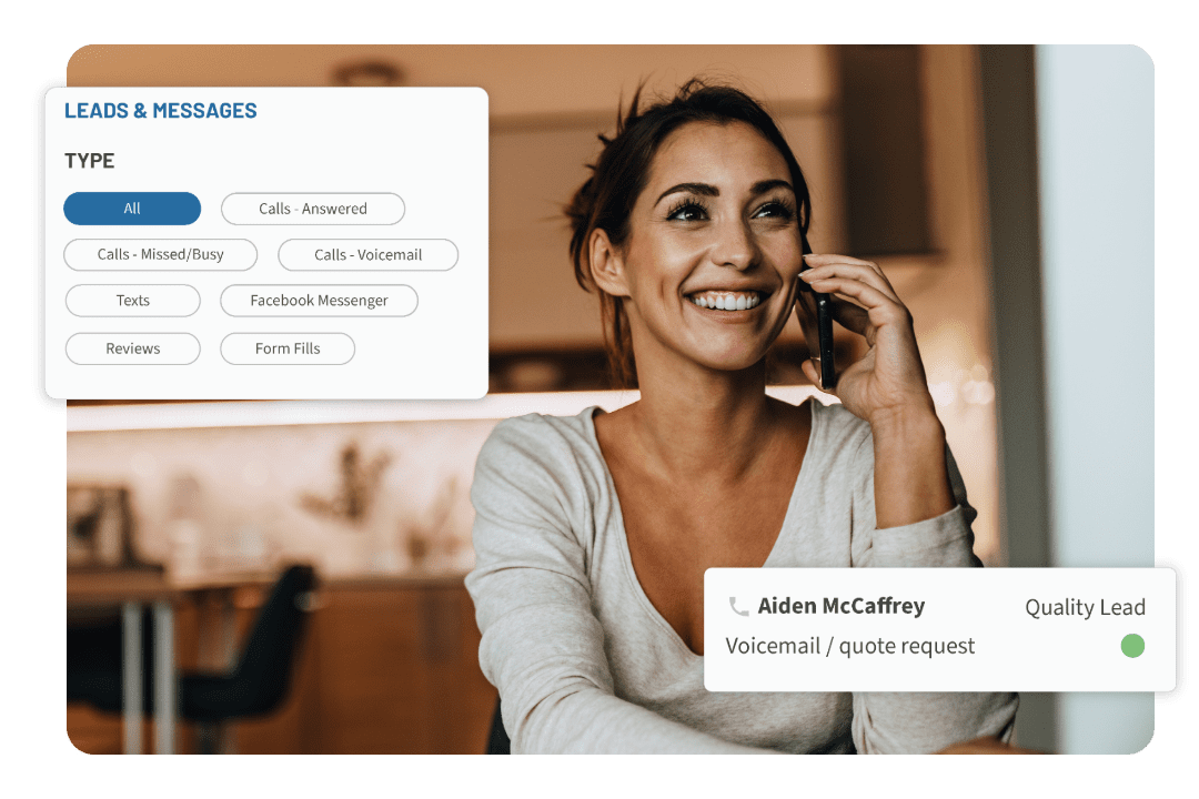 Woman smiling on cell phone in apartment - Hibu Leads & Messages dashboard. Quality lead graphic