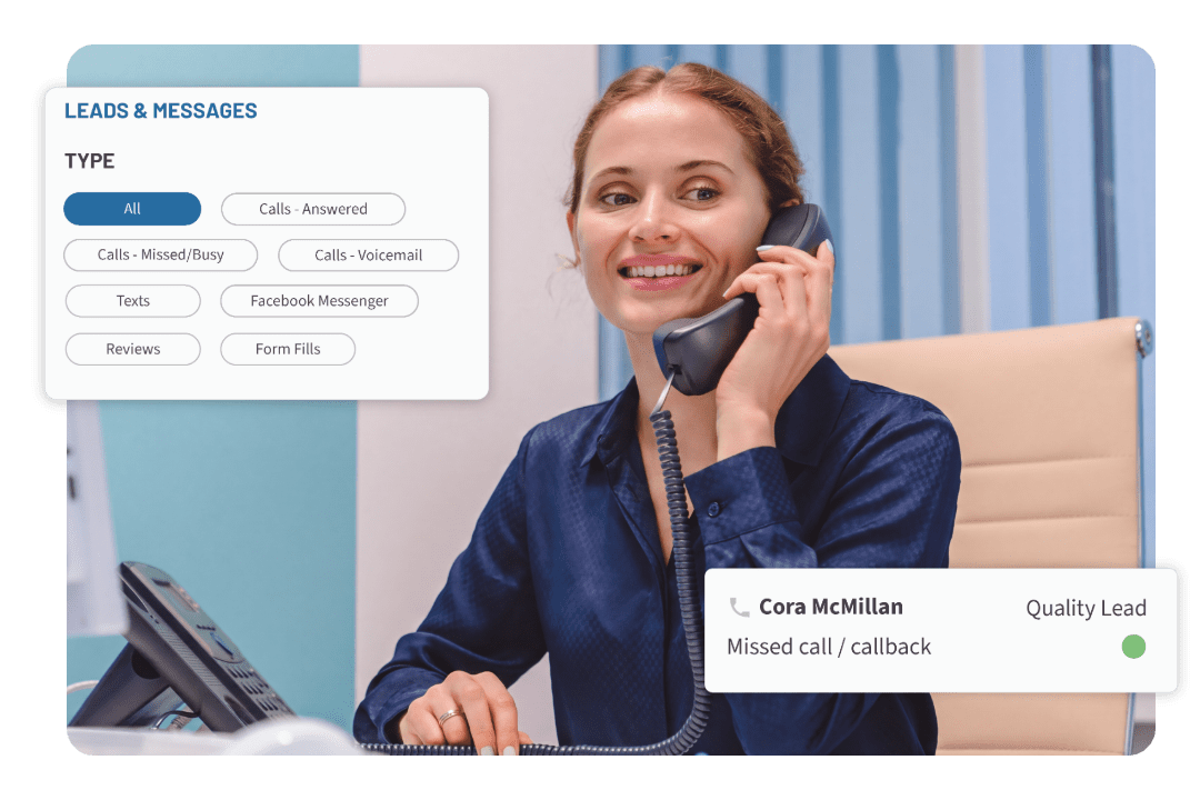 Receptionist answering phone while smiling - Hibu One Inbox graphic with lead scoring graphic