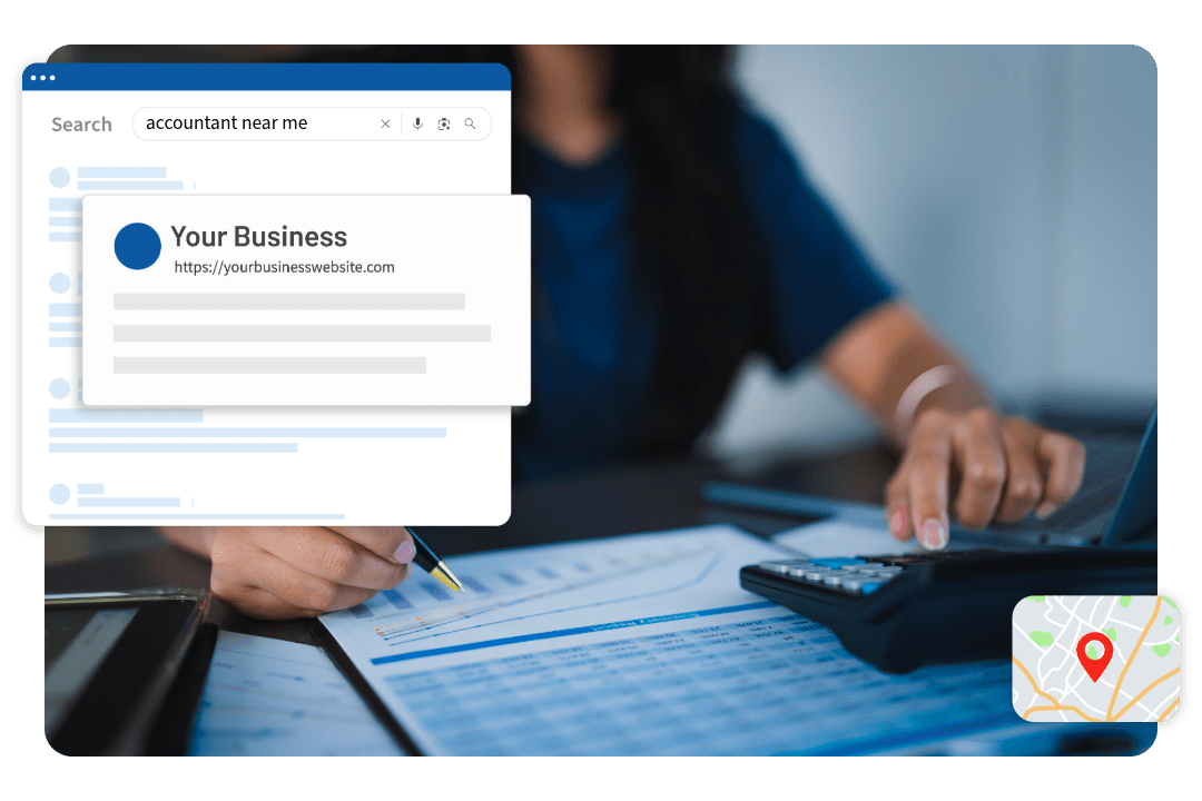 Tax pro using calculator to crunch numbers - Search results that reads "accountant near me" and map with red pin