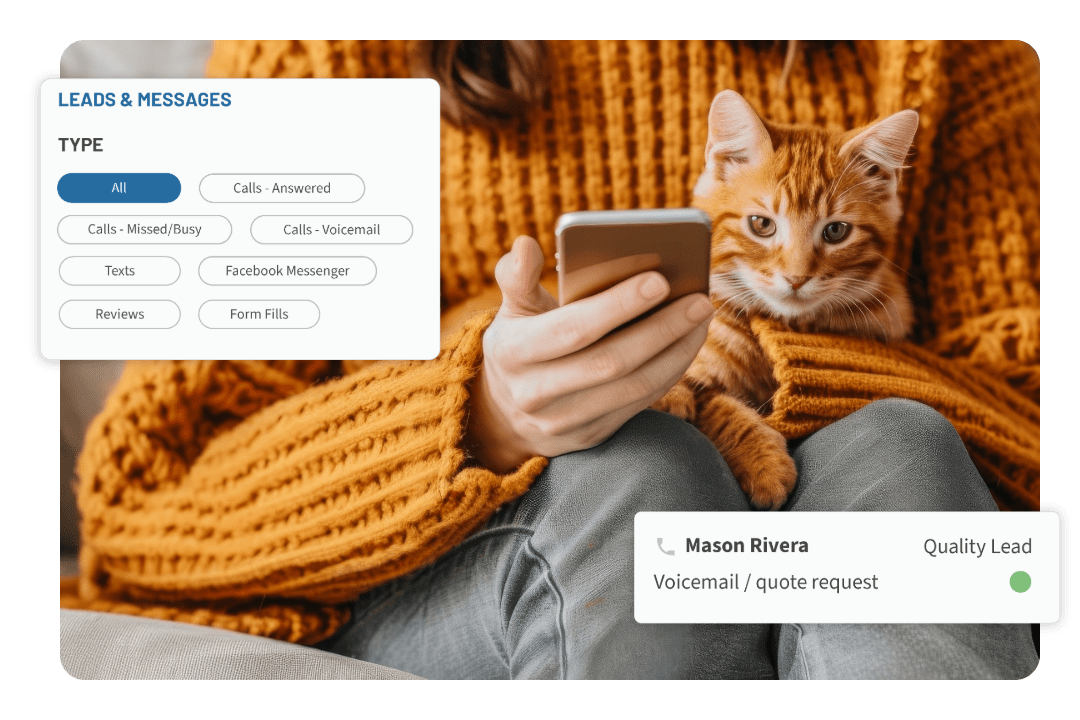 Orange cat snuggled on lap of a woman wearing an orange sweater - Hibu leads & messages dashboard. Quality lead graphic.