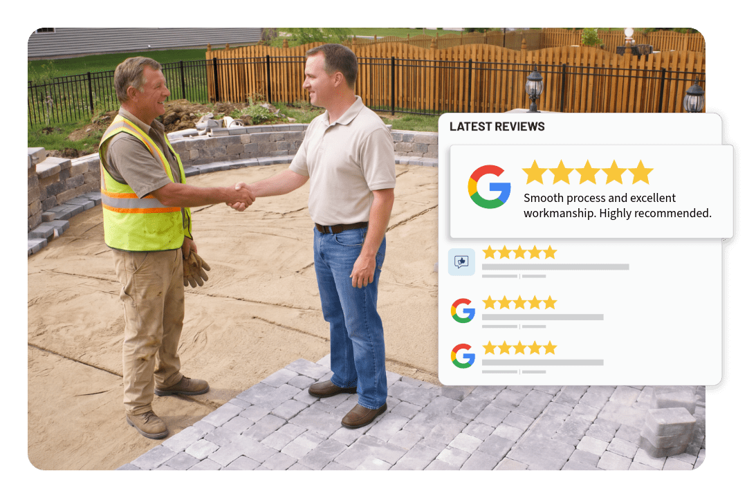 Concrete & Paving contractor shaking hands with customer. Google 5-star review graphic