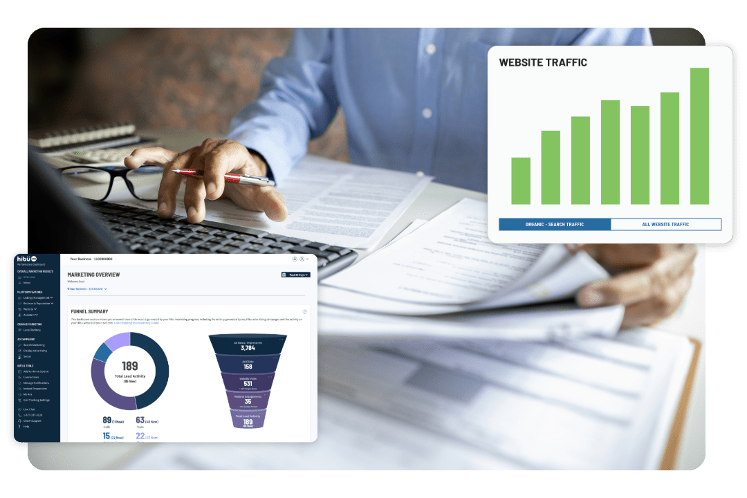 Accountant using laptop to file taxes - Hibu dashboard and bar chart trending upward