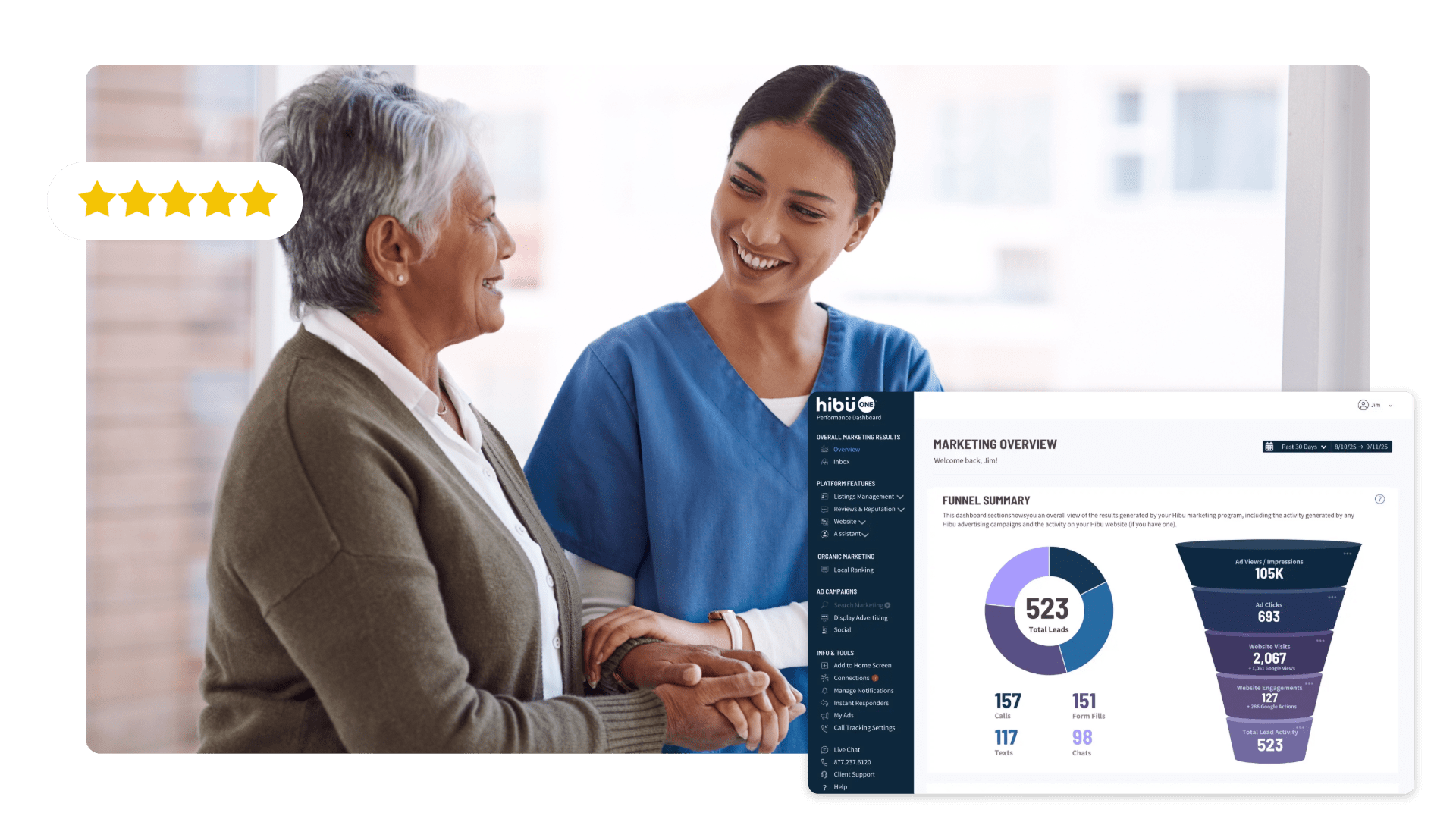 Support, caregiver with senior woman and holding hands for care. Hibu One Dashboard and reviews icons