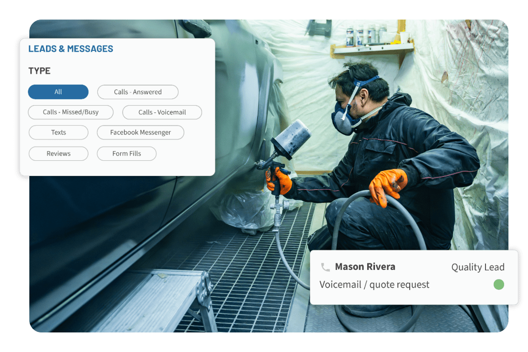 auto body technician airbrushing a car with Hibu One inbox feature graphics