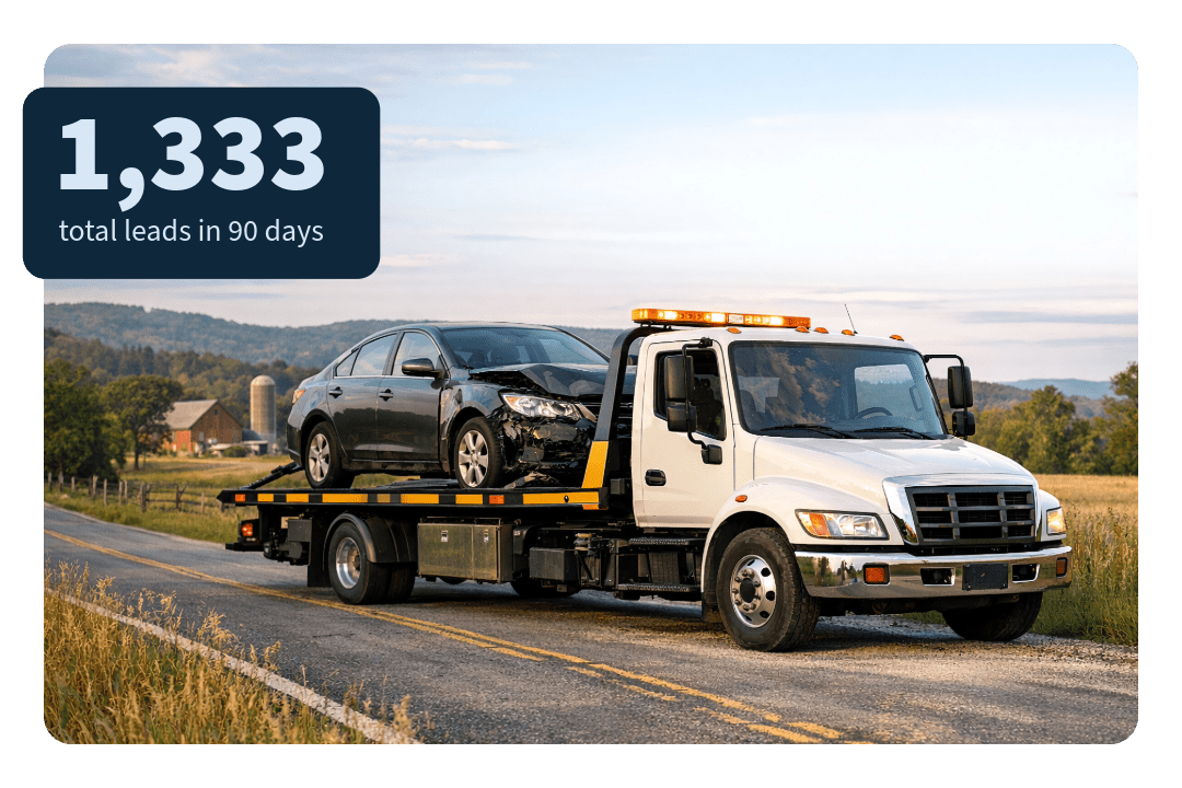 Tow truck with car on bed on an open road with marketing metrics