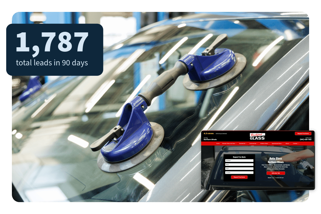 Suction cups on a windshield. Rockford Glass website with marketing metrics