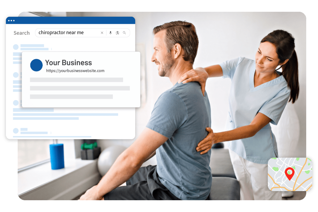 Chiropractors helping patient in practice office. Search engine result reads "chiropractor near me" with red pin on map