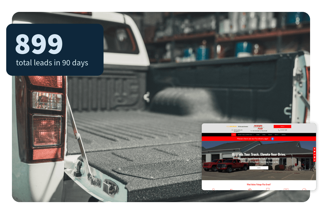 Close up of the bed of a pick up truck with website and marketing metrics graphics layered on top