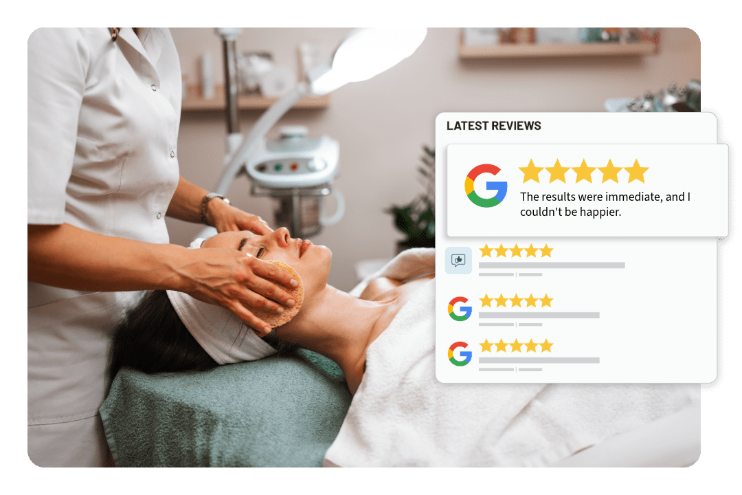 Professional skincare treatment with facial cleansing sponges applied by an aesthetician to a relaxed client lying on a massage table. Google review