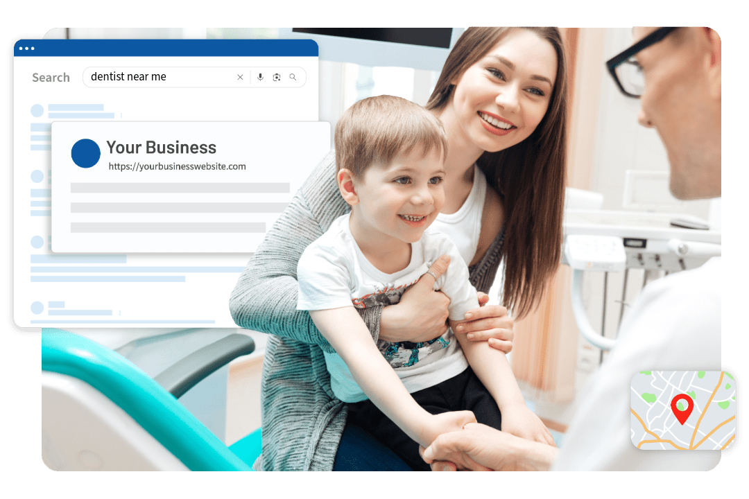 Mother with child at pediatric dentist office - Search results that reads "dentist near me" and map with red pin