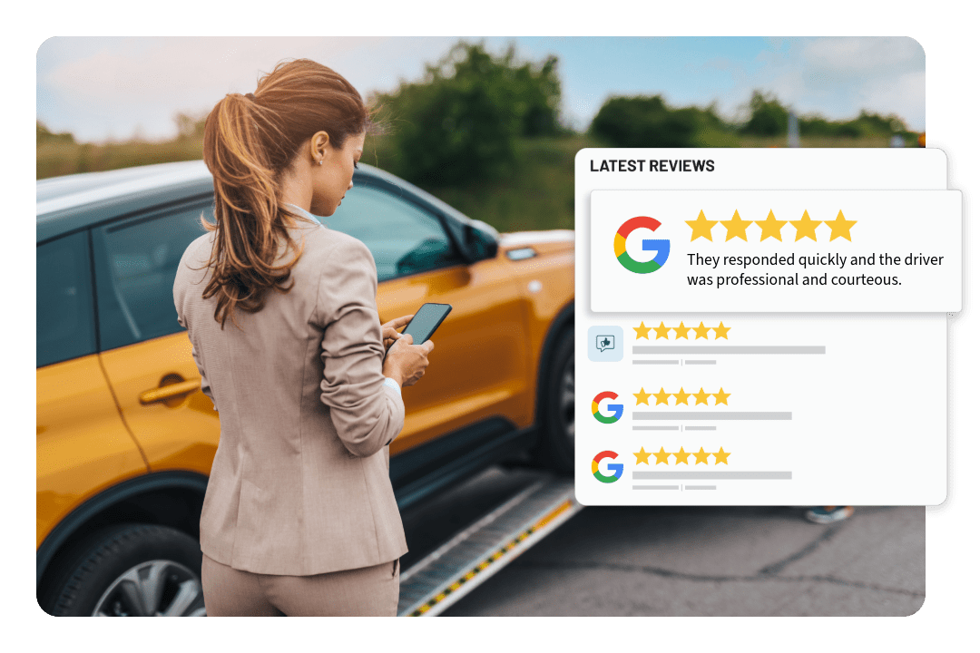 Woman texting in front of tow truck. Google review marketing graphic layered on top