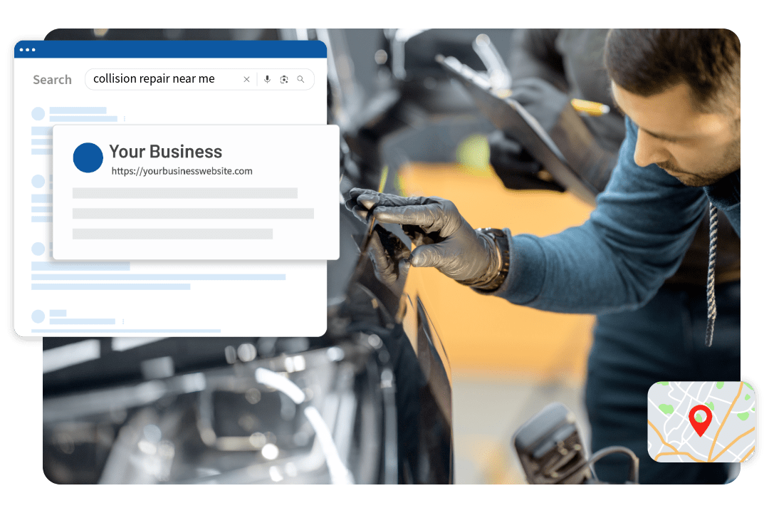 auto body technician restoring a car with search result and map graphics