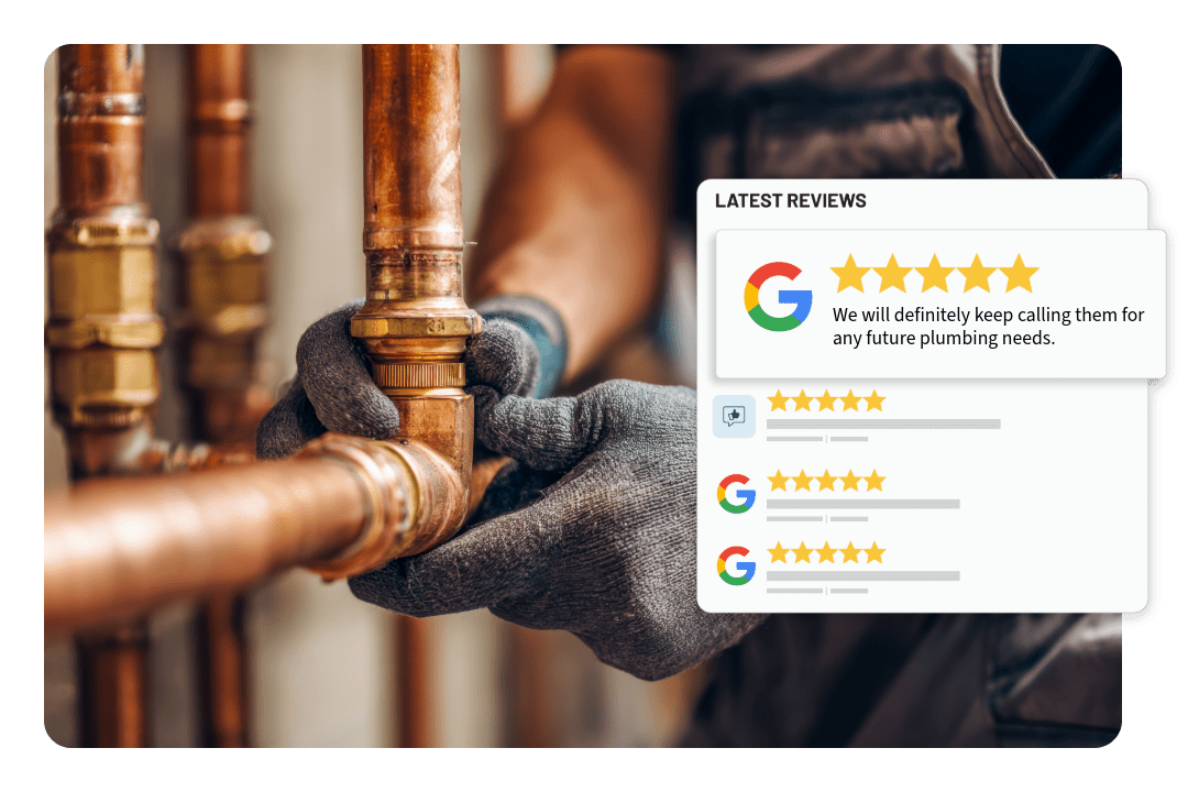 plumbing adjusting copper fittings into pipe. Google review graphic.