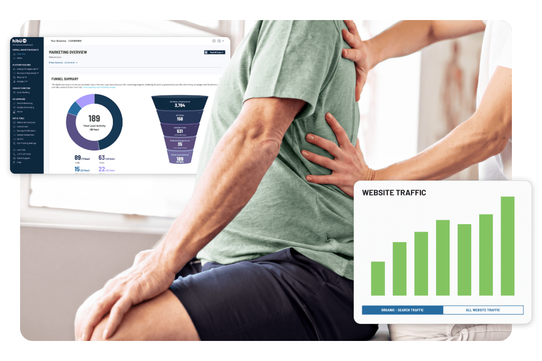 Chiropractors adjusting patient's back - Hibu One Dashboard with website traffic growth bar chart