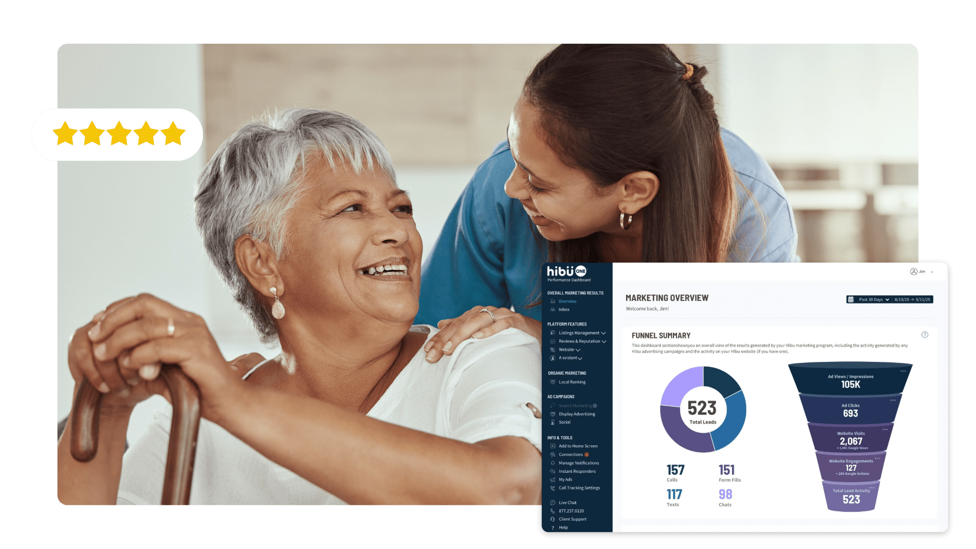 In-Home Services caretaker with elderly patient. Hibu One dashboard and reviews graphics