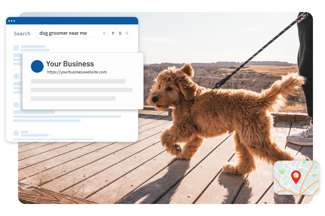 Fluffy dog being walked by dog owner on boardwalk. Search results that reads "dog grooming near me" and map with red pin