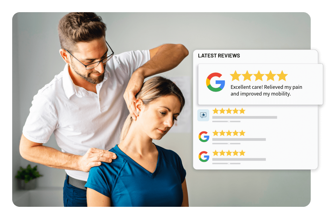Chiropractor adjusting patient's neck - Google 5-star review graphic