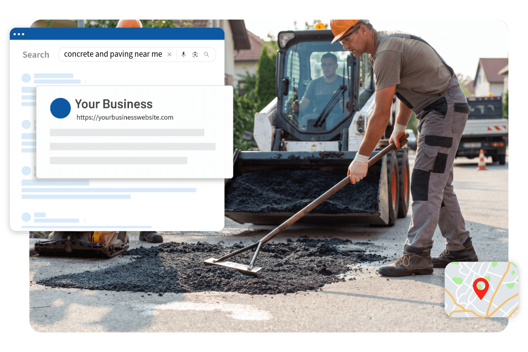 Worker smoothing out asphalt on street with wheel loader in background. Search engine result reads "concrete and paving near me" with red pin on map