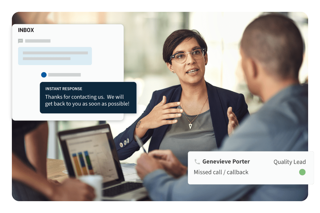 Inbox graphic with instant response message - CPA talking with client - Quality lead graphic