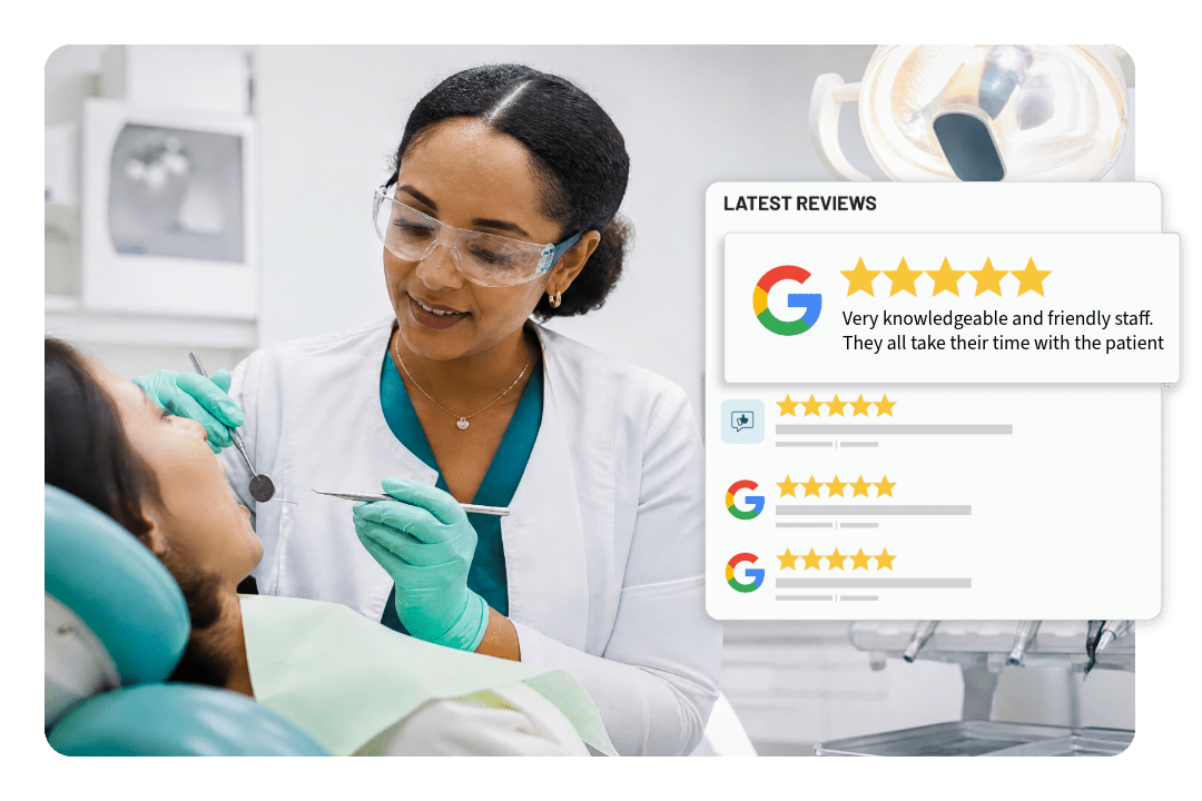 Dentist cleaning teeth of patient in dentist office. Google review graphic