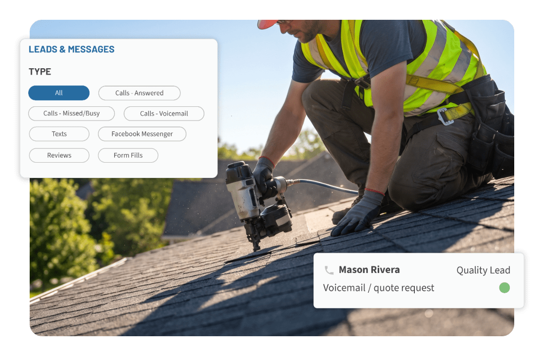 Roofing nailing shingles onto roof with nail gun. Inbox dashboard and image of a voicemail notification