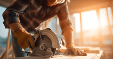 Contractor cutting plywood with a circular saw