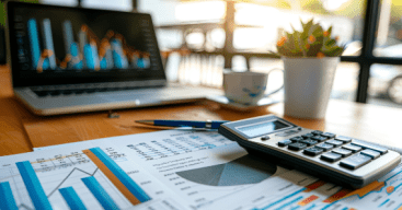 A calculator sits on a table next to a laptop and financial planning documents