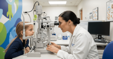Young girl getting eye exam